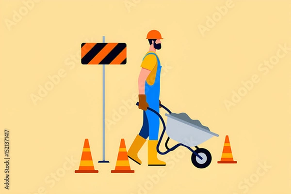 Fototapeta Construction Worker with Wheelbarrow and Traffic Cones - Flat Vector Illustration