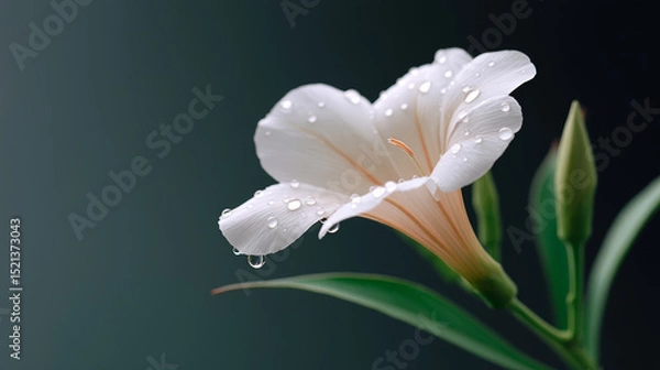 Fototapeta Close up of lily with dew drops, delicate and pure feeling like new beginning