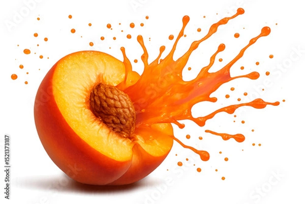 Obraz uicy peach halves with vibrant juice splashing in arcs, bright colors, isolated on transparent background, fresh summer feel, high detail.