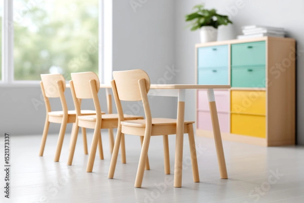 Fototapeta Small wooden desks evoke sense of readiness for learning and creativity