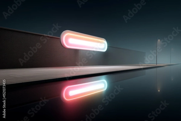 Fototapeta Vibrant neon glows, reflecting on dark street, creating peaceful mood