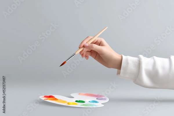 Fototapeta Child hand holds brush with paint, filled with joy and excitement for art