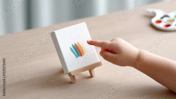 Fototapeta Child finger traces colorful sketch, expressing pure joy and wonder