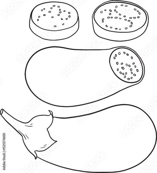 Obraz A simple and clear set of hand-drawn eggplant illustrations, perfect for various design projects. Includes whole eggplants and sliced pieces, ideal for coloring books, educational materials, cooking.