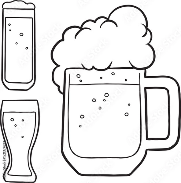 Obraz Hand-drawn beer illustrations, perfect for various occasions. Featuring different glass types and overflowing mugs, these outline images are ideal for coloring books, bar menus.