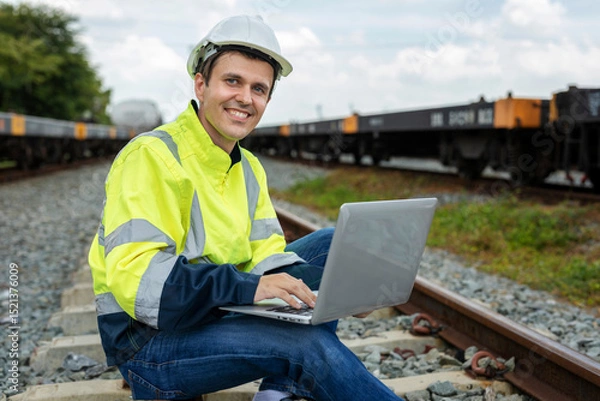 Fototapeta Smiling male railway engineer in reflective green work clothes and white helmet uses laptop computer while sitting on railway tracks and looking at camera