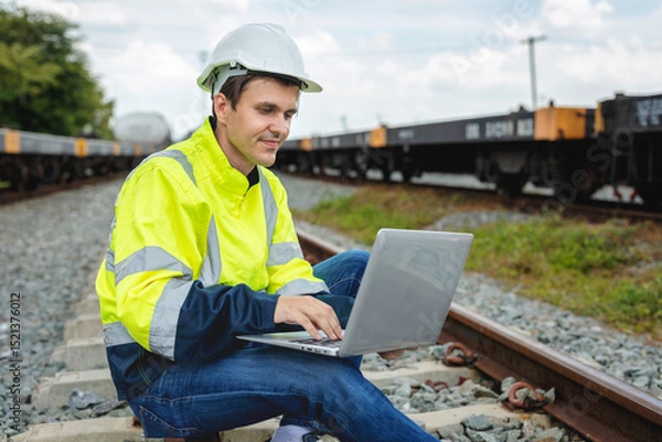 Fototapeta Male railway engineer in reflective green work clothes and white helmet uses laptop computer while sitting on railway tracks.