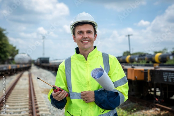 Fototapeta Portrait smiling engineer man with green vest and white hard hat holding walkie-talkie with blueprints working at train station during the day, looking at camera