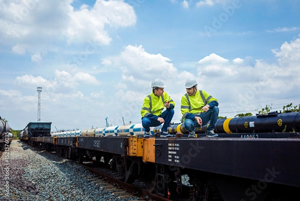 Fototapeta Teamwork, two male train engineers in reflective green and white hard hat holding walkie-talkie working at old train station with sky and clouds background.