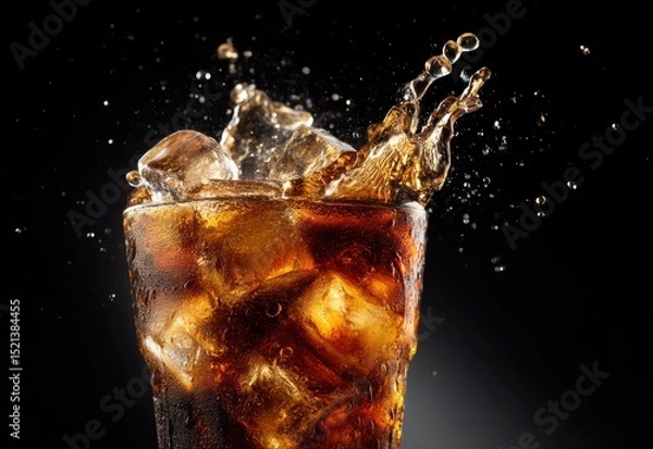 Fototapeta Refreshing splash of cold cola with ice cubes in a frosty glass on dark background, capturing motion and energy perfect for beverage branding and commercial use