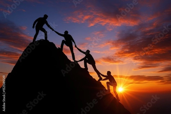 Obraz Teamwork helping hands climbing mountain sunset