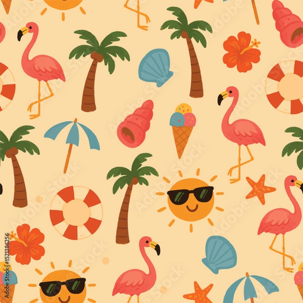 Fototapeta Colorful Summer pink flamingo and palm trees floral seamless pattern. Vector illustration