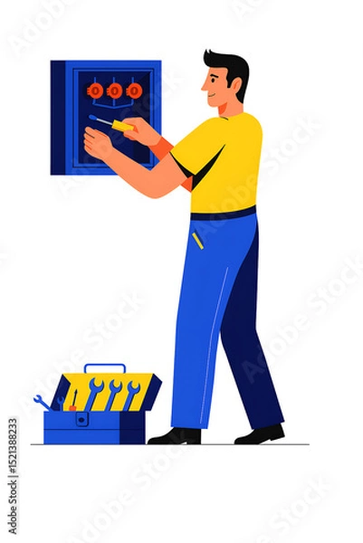 Fototapeta Electrician Working on Fuse Box with Tools – Vector Illustration of Electrical Repair Maintenance