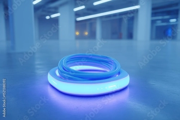 Fototapeta Lighted Ring and Glow Wire on Smooth Surface in Modern Interior Space