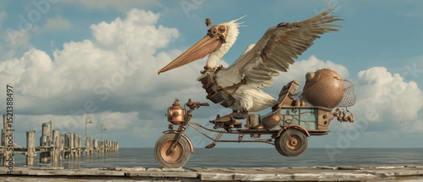 Fototapeta futuristic pelican with wings riding an electric scooter, summer nautical steampunk with fishing net textures