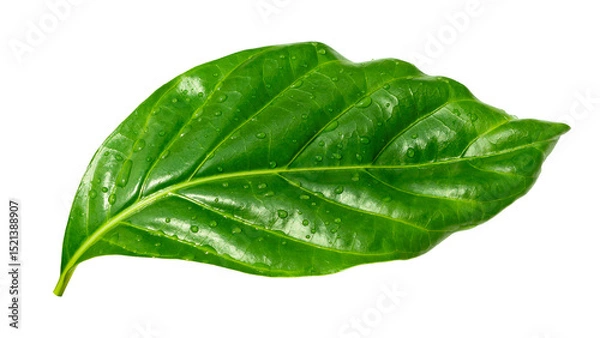 Obraz Water drops splashing on green leaf isolated on white background with clipping path. Noni indian mulberry leaf.