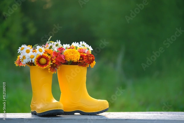 Fototapeta Yellow rubber boots with bright flowers in garden, nature background. summer season. rustic still life with seasonal flowers.