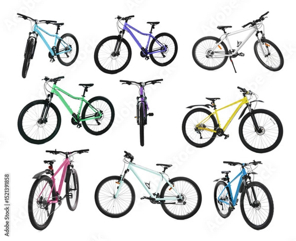Fototapeta Different color bicycles on white background, collage