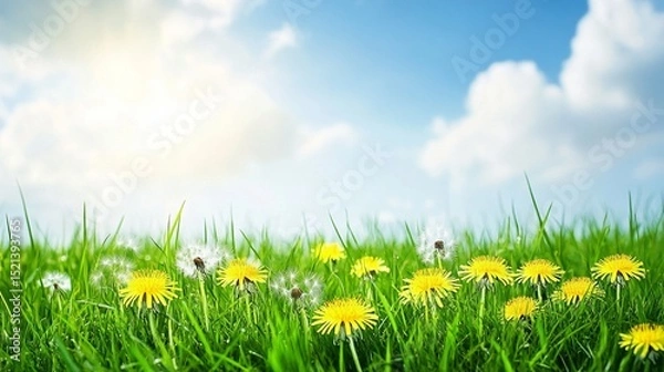 Fototapeta Bright dandelions bloom in a lush green field under a clear blue sky, capturing the essence of springtime beauty and the vibrant renewal of nature's wonders.