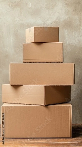 Fototapeta Stacked cardboard boxes of various sizes, elegantly arranged against a neutral background, ideal for themes of packaging, shipping, moving, and storage solutions in photography.