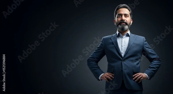 Fototapeta Confident young businessman standing tall with hands on hip in a dark suit looking serious