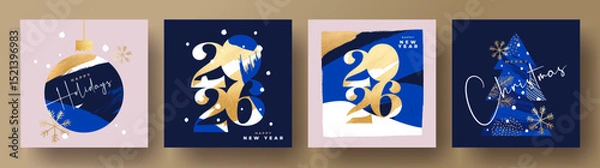 Obraz Merry Christmas and Happy New Year's Eve 2026 set of greeting card, poster, web banner, holiday cover. Xmas design template in trendy art style with doodles for ads, sales, print and season greetings