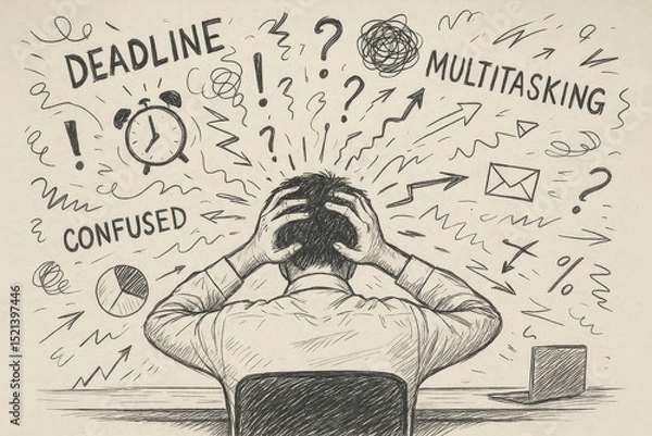 Obraz Overwhelmed businessman stressed by multitasking and deadlines
