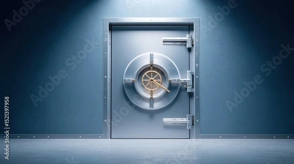 Fototapeta A secure vault door with a shiny metallic finish, illuminated against a blue wall, suggesting safety and protection.
