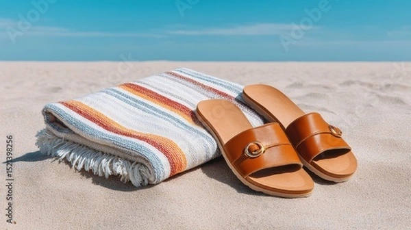 Fototapeta A pair of stylish brown sandals rests beside a striped beach towel on soft sand under a clear blue sky.