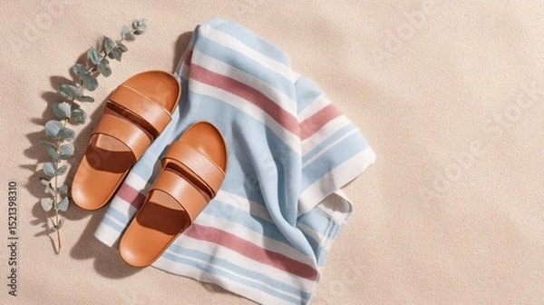 Fototapeta Cozy sandals on a striped towel with greenery, perfect for a relaxed summer vibe.
