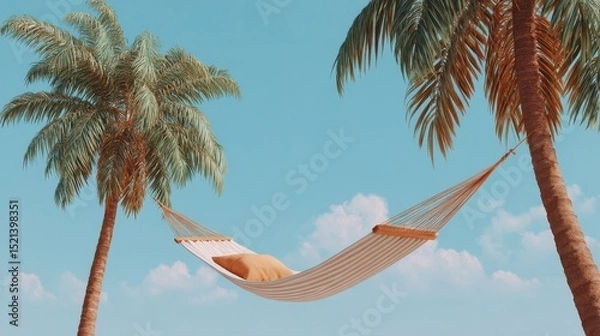 Fototapeta A hammock sways gently between two palm trees against a bright blue sky with fluffy clouds, evoking a sense of relaxation and tranquility.