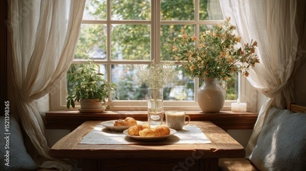 Fototapeta A cozy table setting by a window with pastries, coffee, and fresh flowers, creating a warm and inviting atmosphere.