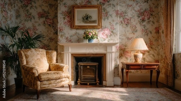 Fototapeta Cozy interior featuring floral wallpaper, vintage furniture, a fireplace, and soft lighting, creating an inviting atmosphere.