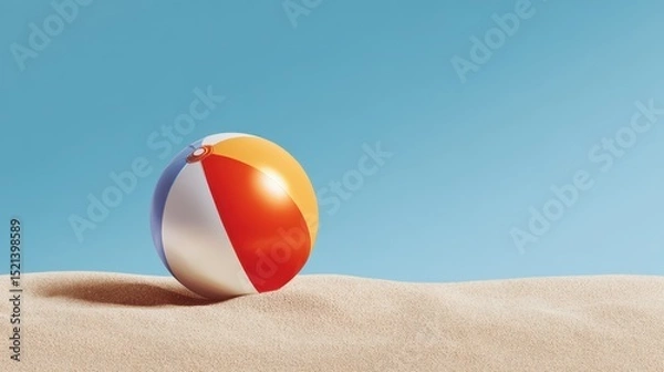 Fototapeta A colorful beach ball rests on golden sand under a clear blue sky, evoking a cheerful summer vibe.