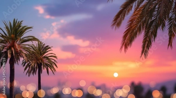 Fototapeta A vibrant sunset with palm trees silhouetted against a colorful sky, creating a serene and tropical atmosphere.