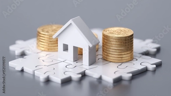 Fototapeta A house model on puzzle pieces surrounded by stacks of coins, representing real estate investment and financial planning.