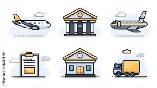Fototapeta Icons representing transportation, buildings, and logistics in a modern design with clouds in the background.
