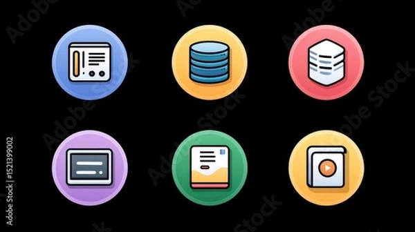 Fototapeta Digital icons representing various data management functions on a black background.