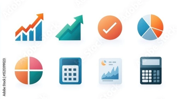 Fototapeta Graphic icons representing data analysis, charts, and calculations for business and finance applications.