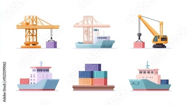 Fototapeta Illustration of various cargo handling equipment and ships, showcasing the shipping and logistics industry.
