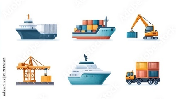 Fototapeta Illustration of various cargo ships, a crane, a yacht, and a truck, showcasing shipping and logistics themes in a colorful design.