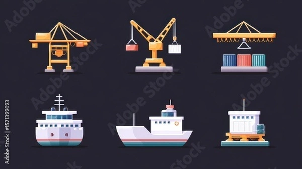 Fototapeta Colorful illustrations of cranes and ships, depicting maritime logistics and cargo handling in a vibrant style.