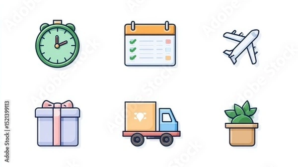 Fototapeta Icons representing time management, planning, travel, gifting, and delivery in a clean, modern style.