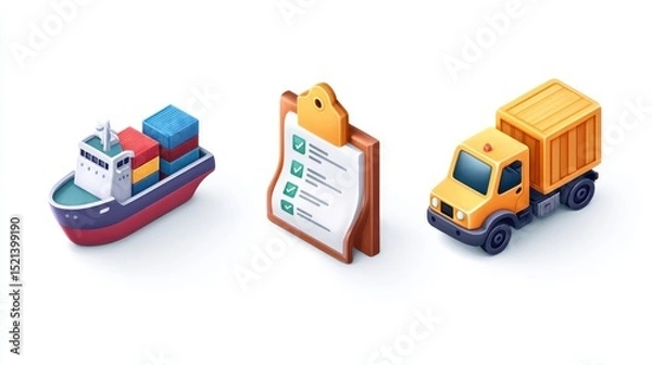 Fototapeta Shipping icons featuring a container ship, checklist, and delivery truck, representing logistics and transportation in a colorful design.