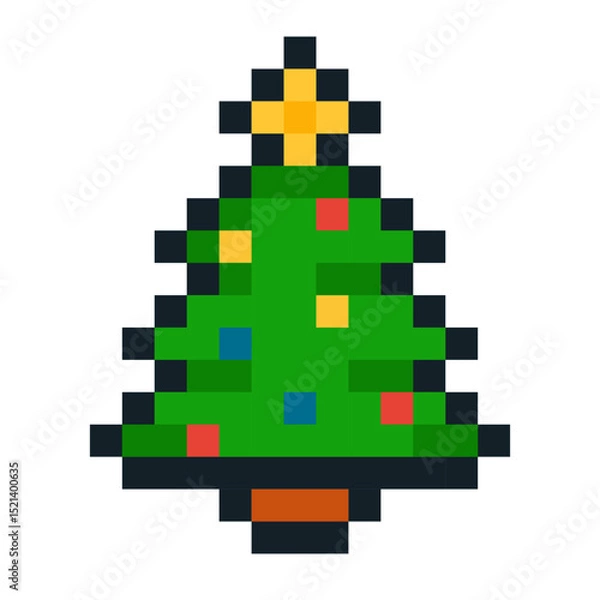 Fototapeta Pixel art Christmas tree emoji in classic 8 bit style. Green fir tree decorated with colorful ornaments, garlands, and a star. Ideal for festive holiday content, retro video games, digital greeting