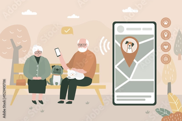 Fototapeta Old people with pets, elderly love couple sitting on bench with dog and cats. Senior citizens control for dog on mobile phone app. Pet tracking system, dog wearing GPS collar