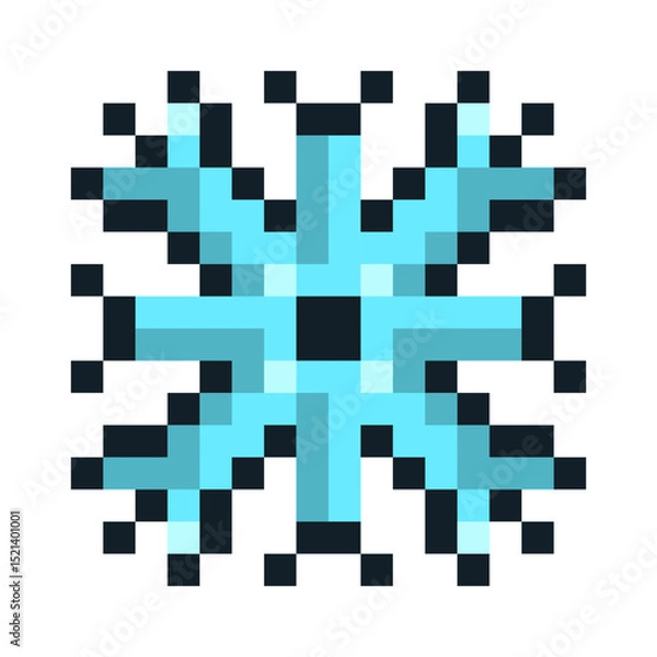 Fototapeta Pixel art snowflake emoji in crisp 8 bit style. A symmetrical icy-blue design representing cold weather, winter and the holiday season. Great for digital greetings, festive UI elements, retro games