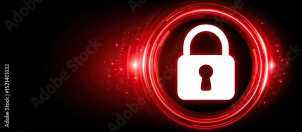 Fototapeta Red digital popup with spam text and lock shield glowing in dark background, symbolizing secure protection and safety
