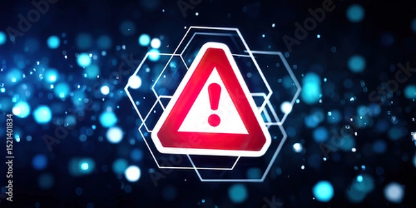Fototapeta Red warning sign with exclamation mark glowing in futuristic digital blue background with hexagonal shapes and bokeh lights