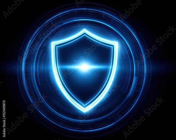 Fototapeta Glowing blue shield icon with digital circular interface, symbolizing secure technology and protection in futuristic style